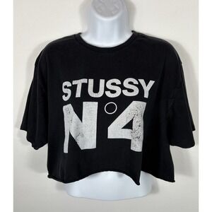 Stussy Women's T Shirt N04 Large Cropped Cut-Off Short Sleeve Black Graphic -708